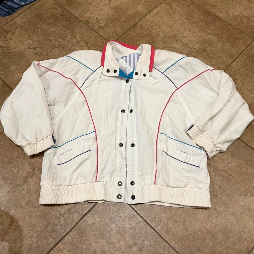 authentic 90s white windbreaker with accent colors